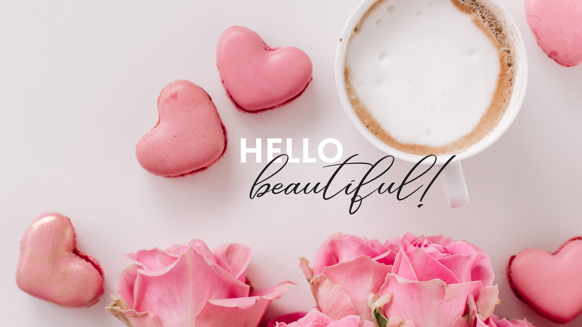 Hello Beautiful graphic with pink hearts and pink roses
