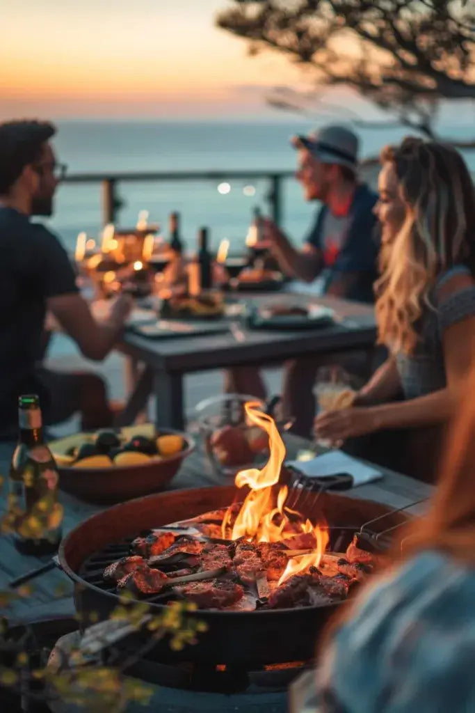 People sitting down outside at a table having BBQ