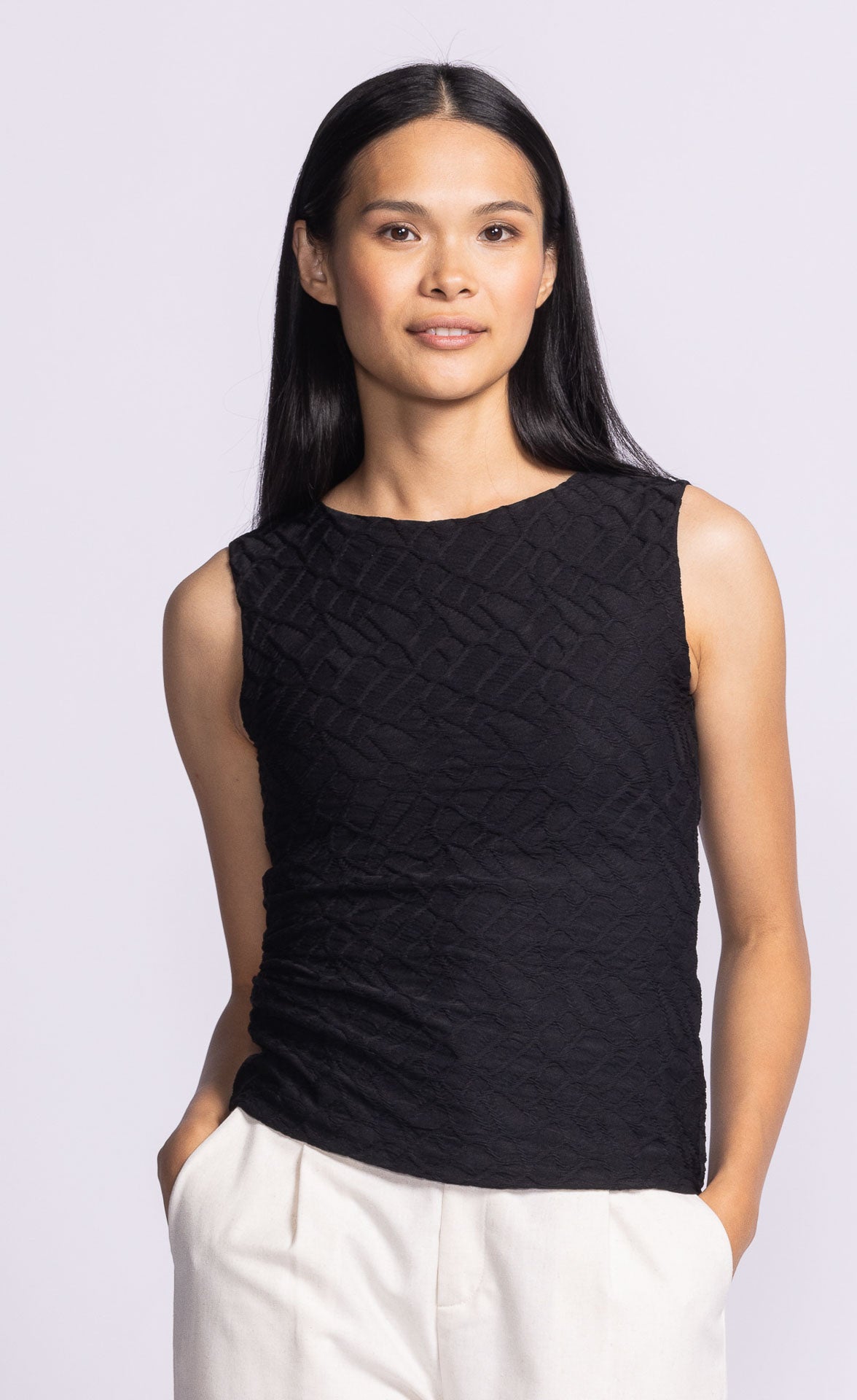 Annika Top by Pink Martini in black – side rouching tank for a flattering and flexible fit. Available at Lemonberry Clothing Store in Aurora, Ontario.