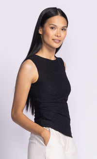 Side view of the Annika Top by Pink Martini in black – nylon and spandex blend for added stretch and comfort. Shop at Lemonberry in Aurora, Ontario or online and get shipped to Toronto, Halifax, or B.C. with free shipping options.