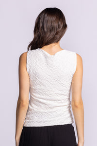 Back view of the Annika Top by Pink Martini in white – versatile tank made with nylon and spandex for a perfect fit. Available at Lemonberry, Aurora, ON.