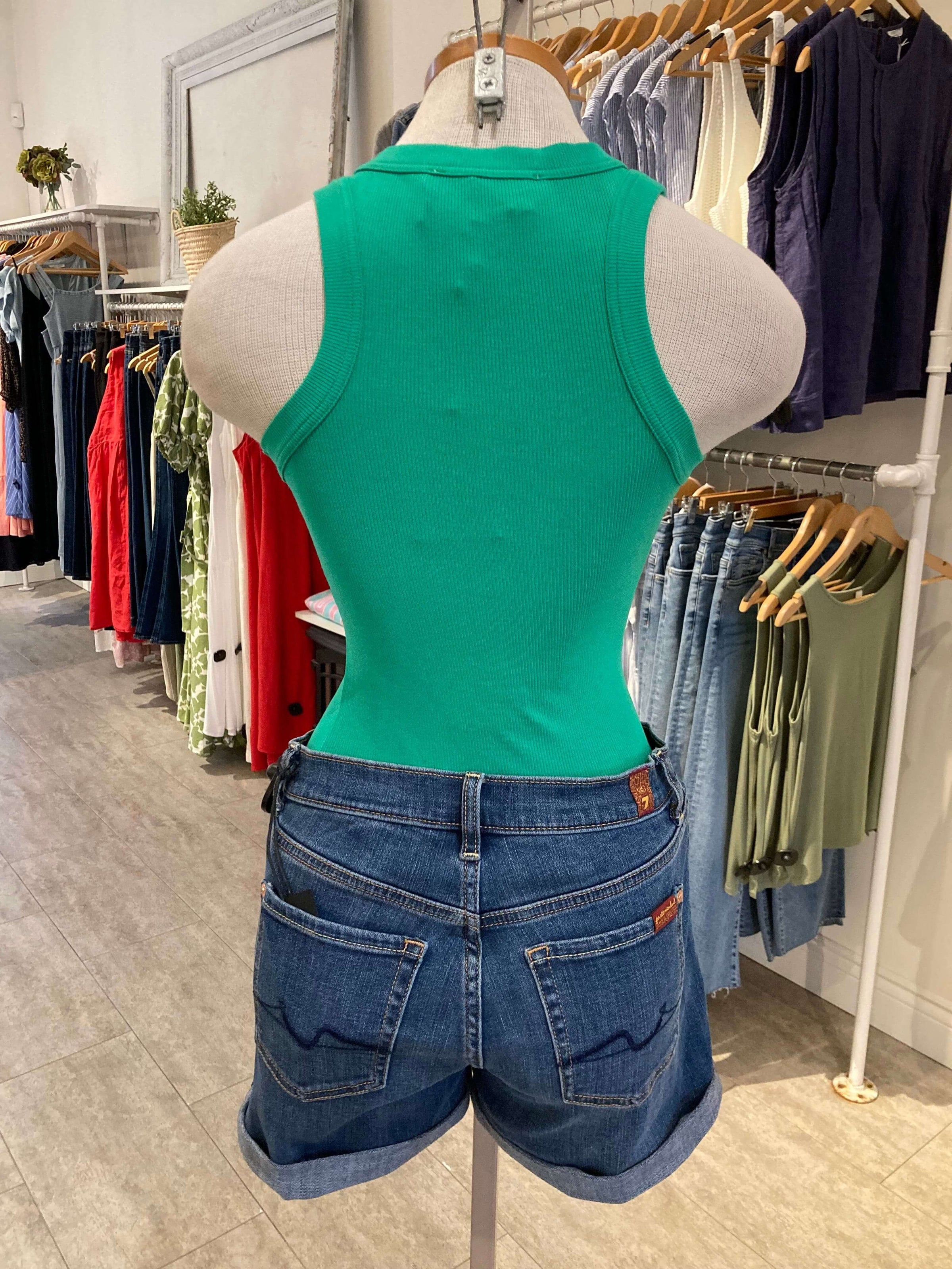 Back view of green Danika tank on mannequin inside Lemonberry