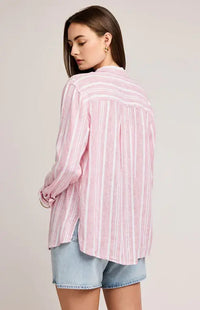 Back view of the Gentle Fawn Luka Shirt showing vertical pink and white stripes and relaxed fit