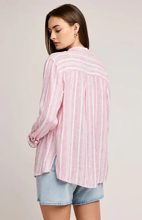 Back view of the Gentle Fawn Luka Shirt showing vertical pink and white stripes and relaxed fit
