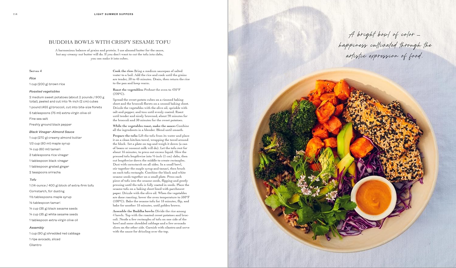 Open spread from Love, Pamela cookbook featuring a vibrant Buddha bowl recipe filled with fresh vegetables and wholesome ingredients.