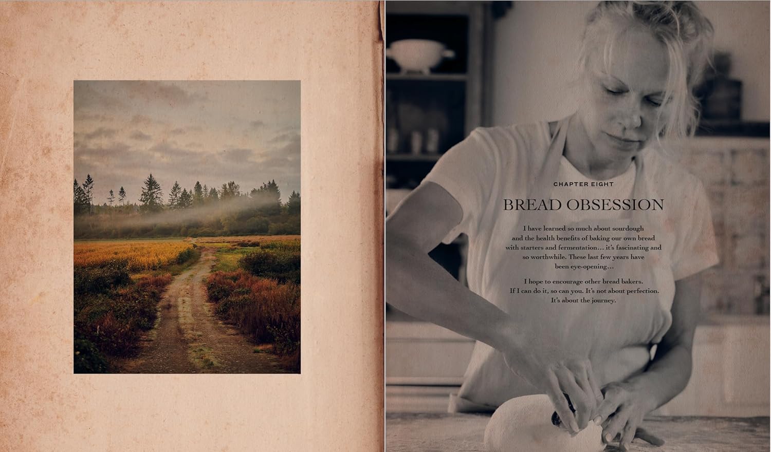 Open spread from Love, Pamela cookbook with a scenic country road on the left and Pamela Anderson baking bread on the right.
