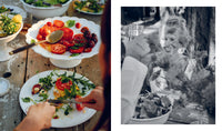Open spread from Love, Pamela cookbook featuring a vibrant vegetable dish with tomatoes on one side and a smiling photo of Pamela Anderson on the other.