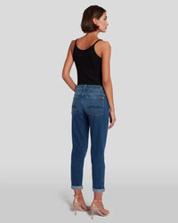 Mid-Rise Button-Fly Boyfriend Jeans – Full Back View Paired with Black Tank