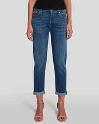 Mid-Rise Button-Fly Boyfriend Jeans – Close-up Front View Paired with Black Tank