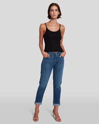 Mid-Rise Button-Fly Boyfriend Jeans – Full Front View Paired with Black Tank