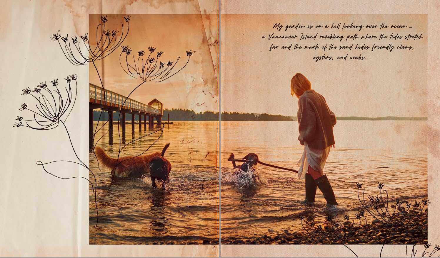 Pamela Anderson with her dogs by the ocean, featured in Love, Pamela cookbook. A glimpse into her sustainable, plant-based lifestyle.