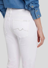 Closeup of the pocket of the 7 For All Mankind Tailorless Bootcut in white