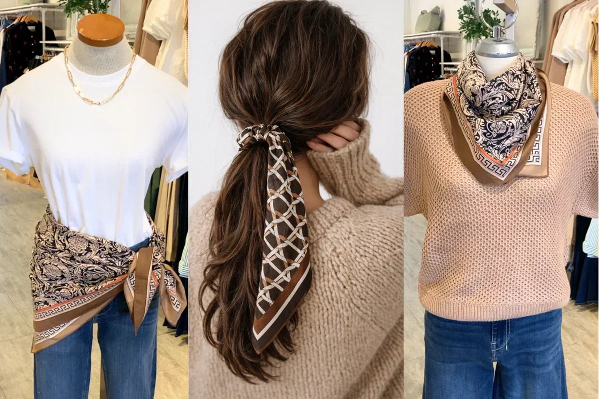 Three ways to style a silk scarf including a waist tie, ponytail scarf, and soft neck wrap