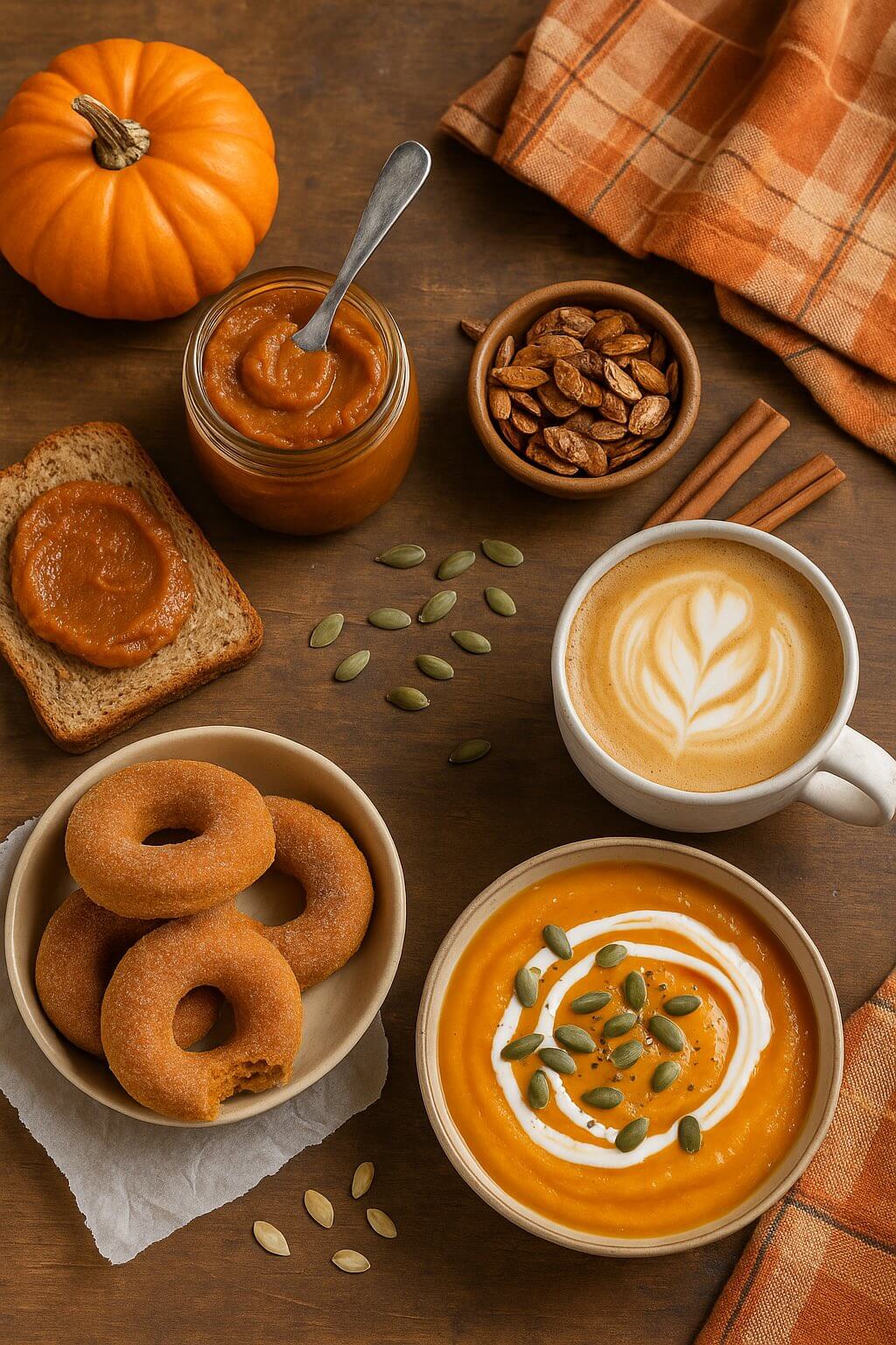 Cozy flat lay of six fall pumpkin recipes including donuts, soup, latte, and pumpkin butter with seasonal pumpkins and spices.