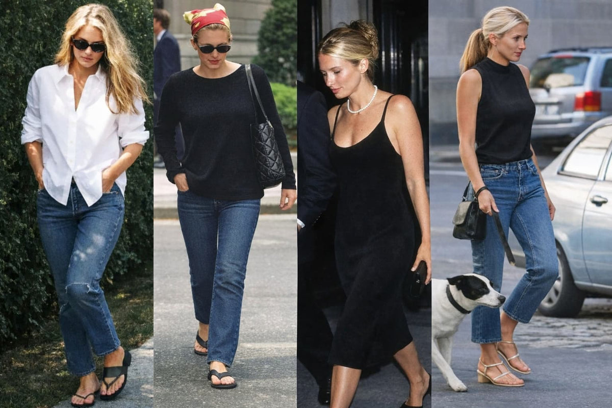 Four of the five minimalist outfits inspired by Carolyn Bessette Kennedy style featuring denim, slip dresses, button down shirts and timeless neutral wardrobe staples