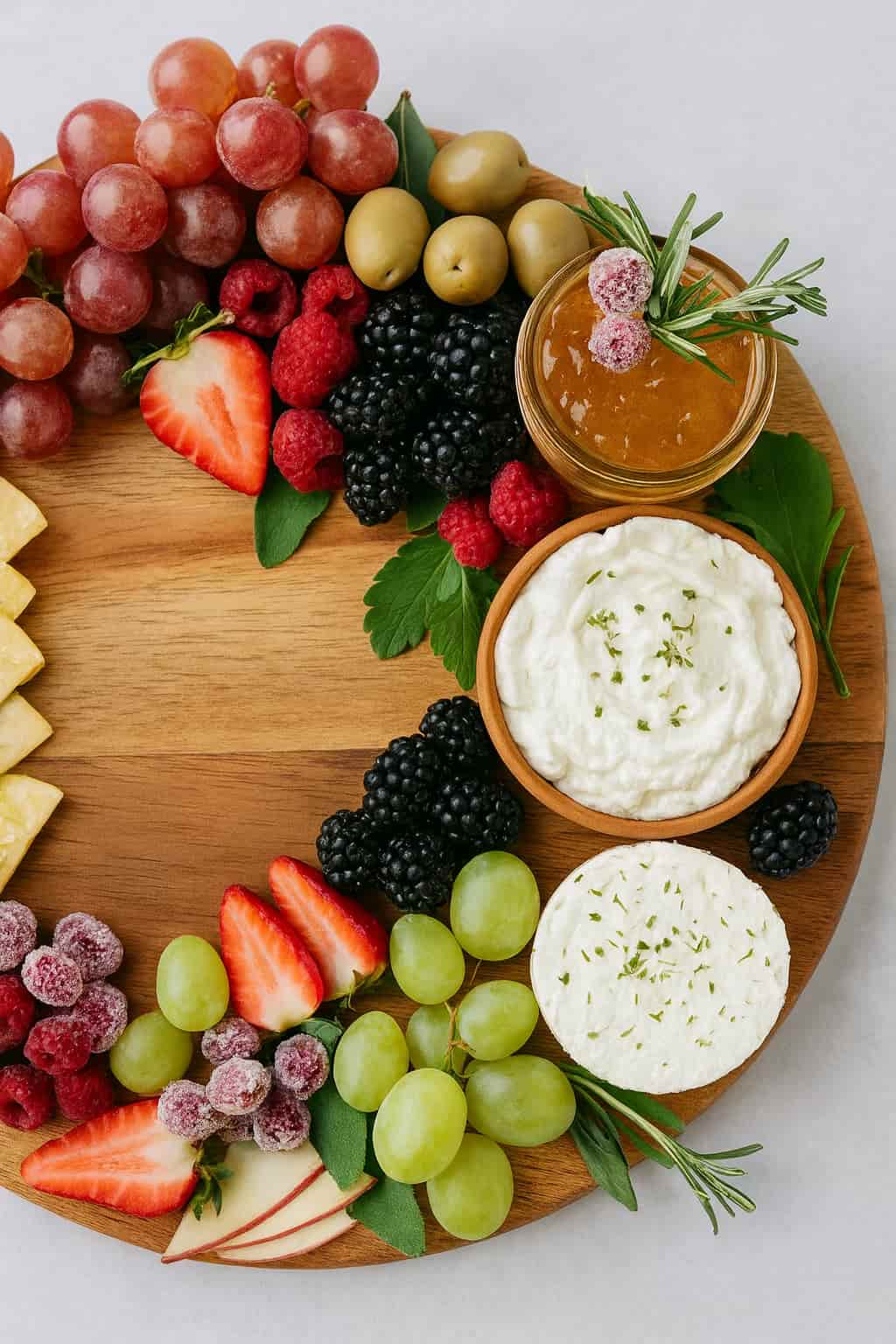 Holiday charcuterie wreath with cheese, fruit, and herbs arranged in a circle on a wooden board — Lemonberry Aurora.