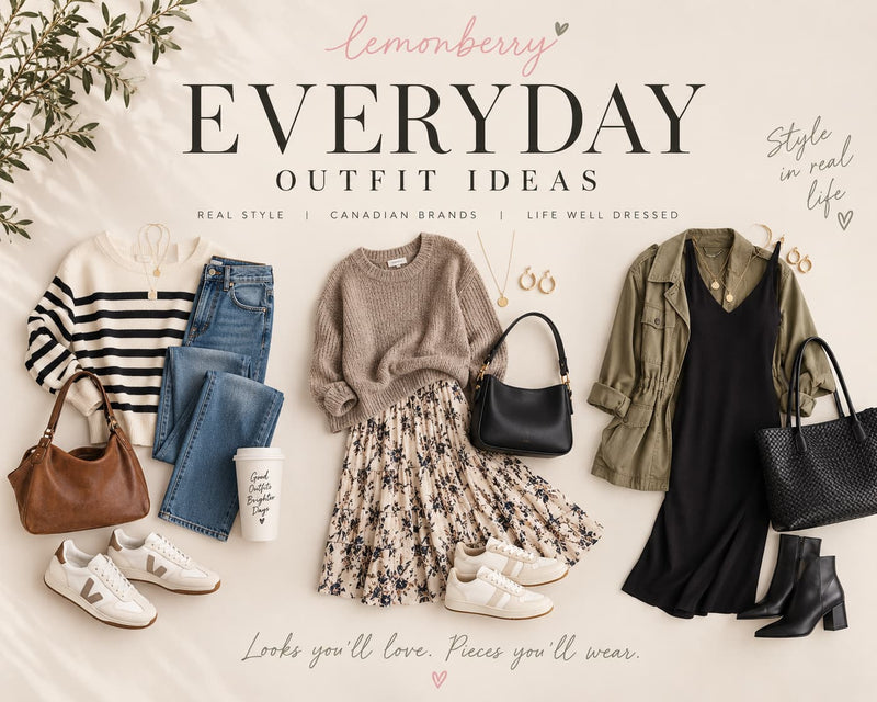 Everyday outfit ideas for women with jeans, sweaters, skirts, dresses and accessories from Lemonberry