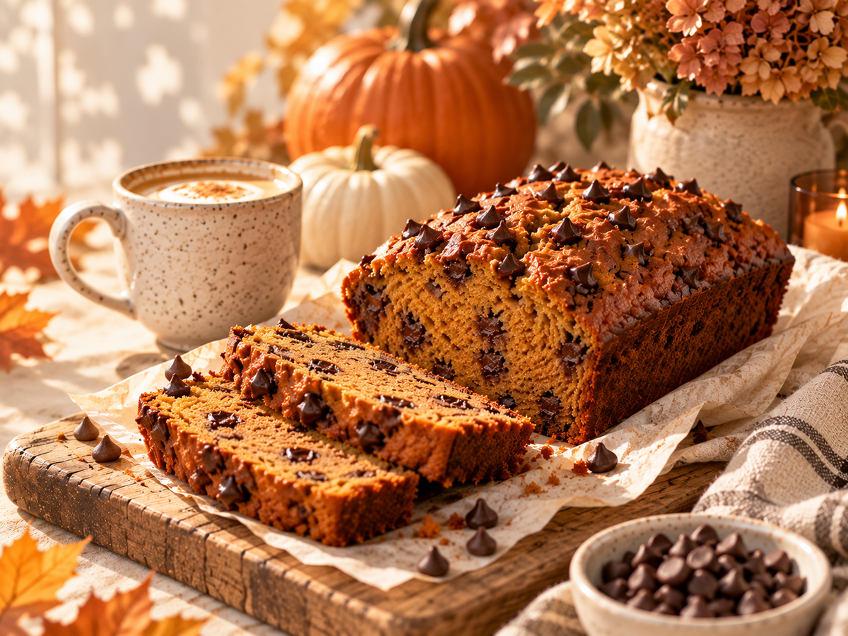 Chocolate chip pumpkin loaf in a cozy autumn setting