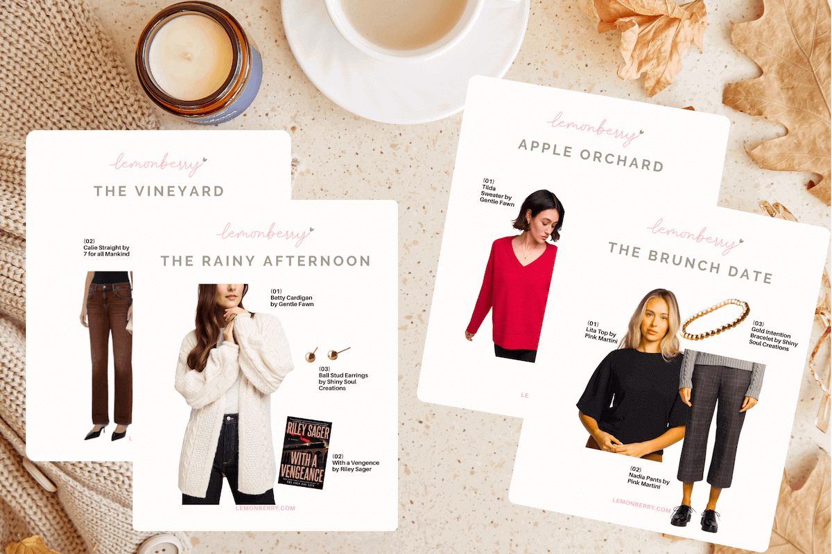 Four fall outfit ideas with denim, sweaters, layers and accessories from Lemonberry