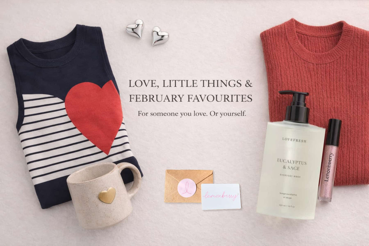 Valentine’s Day gift ideas at Lemonberry including Lovefresh Eucalyptus & Sage wash, heart sweater, gold heart mug, and Lemonberry lip gloss, styled for the February blog hero image at Lemonberry Aurora.