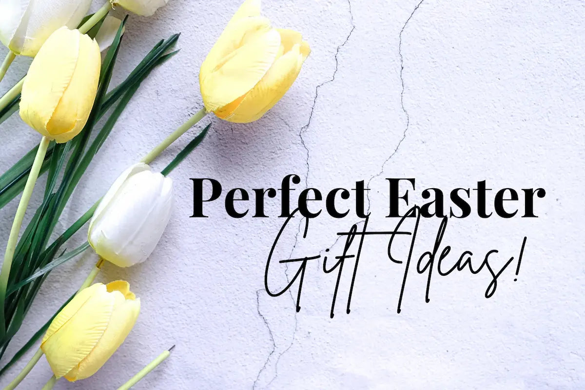 Yellow tulips on a marble tabletop with Perfect Easter Gift Ideas wording beside