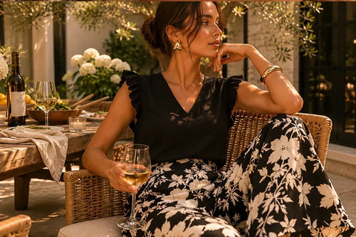 Summer patio dinner outfit with black sleeveless top and floral floral pants
