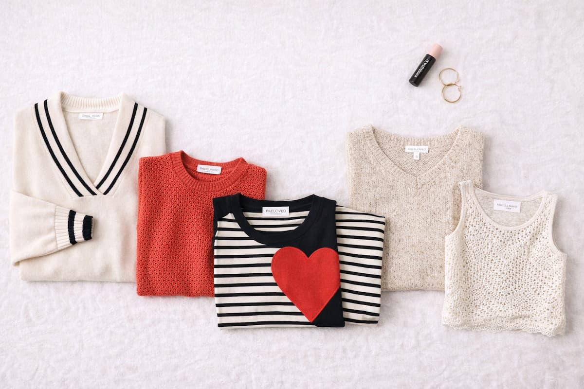 Flat lay of women’s tops including knit sweaters, striped tee, and crochet blouse at Lemonberry Aurora
