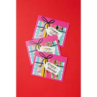 Three colorful greeting cards with 'Happy Holidays' text on a red background