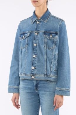 7 For All Mankind ADI Trucker Jacket in medium indigo wash worn by a person on a white background