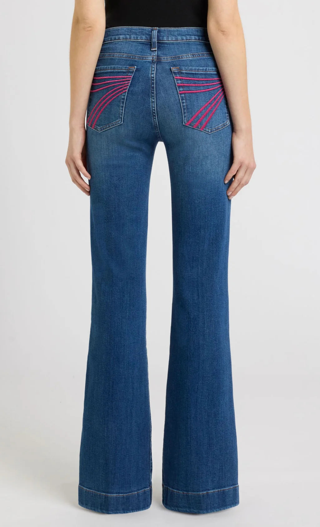 7 For All Mankind Dojo jeans Moonwater mid rise flare back view pink pocket detail Lemonberry Aurora