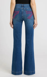 7 For All Mankind Dojo jeans Moonwater mid rise flare back view pink pocket detail Lemonberry Aurora