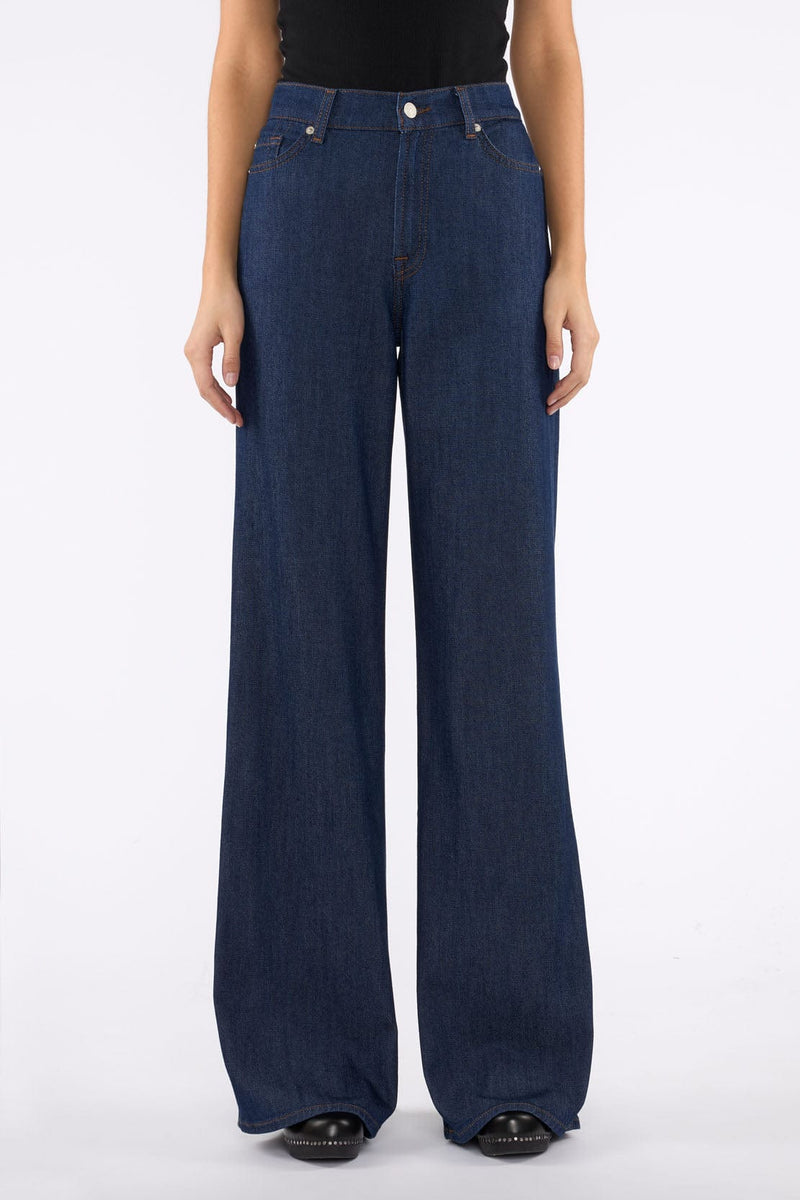 Front view of 7 For All Mankind Lotta Jeans in Halona indigo wash with wide-leg cut.