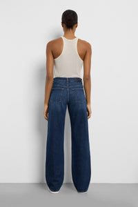 Back view of 7 For All Mankind Tess Trouser in dark indigo denim with wide-leg cut.