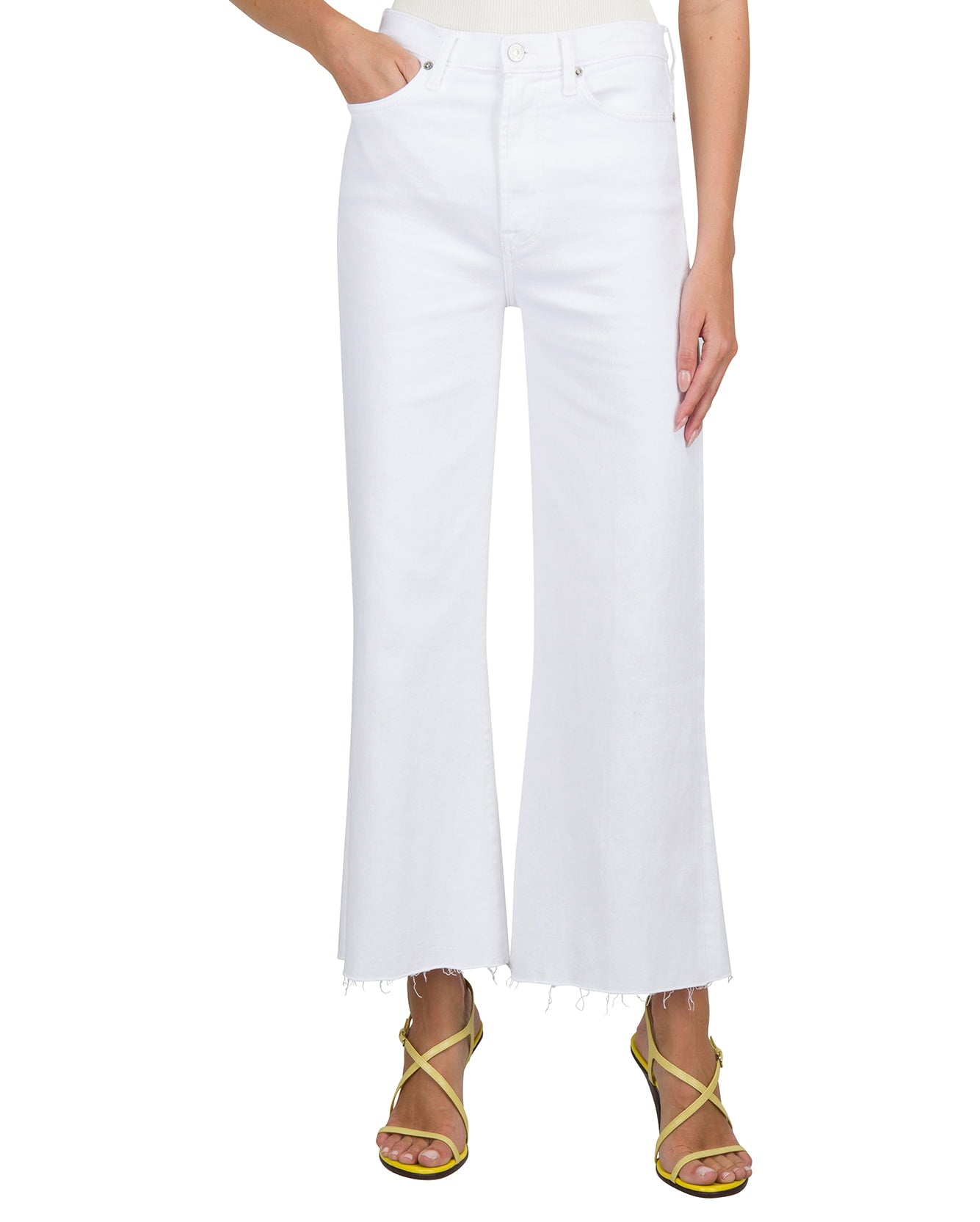 White jeans worn by a person on a white background