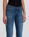 High waisted skinnys by 7 or All Mankind, front button and pocket detail with a black tank tucked in.