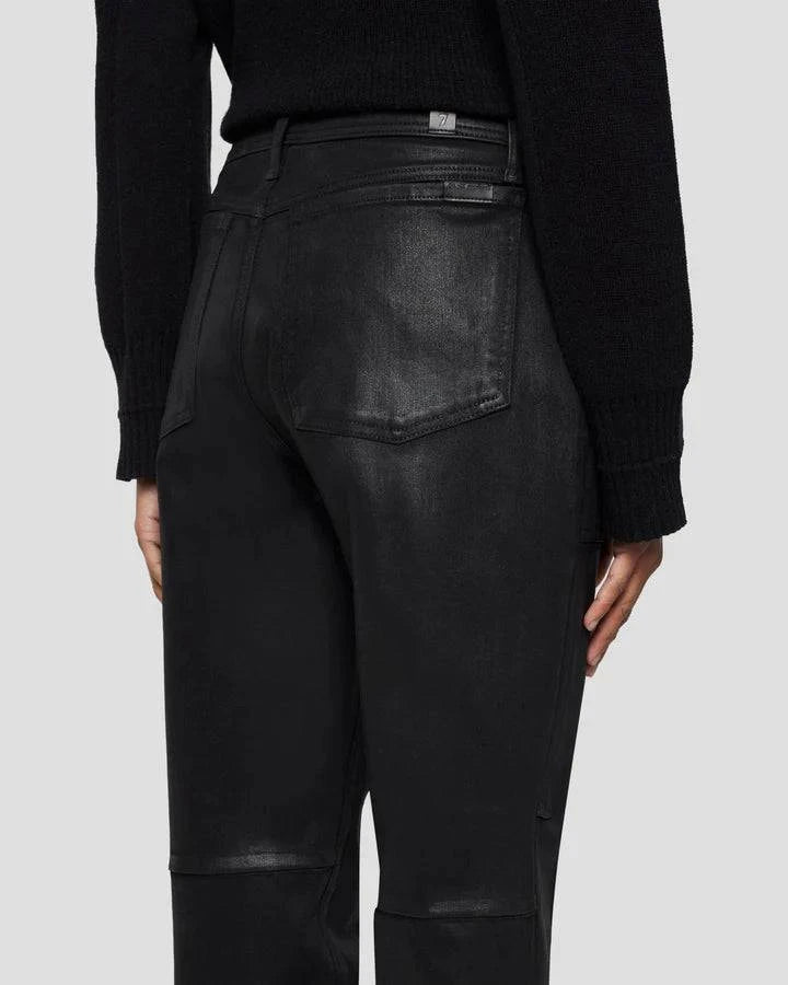 Close-up view of the back of the 7 For All Mankind Darted Boyfriend Jogger, showing the darted detailing on the knees and the sleek coated denim fabric.