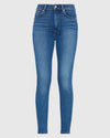 Full front view of the 7 For All Mankind High Rise Ankle Skinny jeans, highlighting the flattering high-rise silhouette and sculpting effect in the classic blue wash.