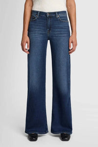 Close-up of the front view of 7 For All Mankind Lotta High-Waist Flare Jeans in Dark Blue.