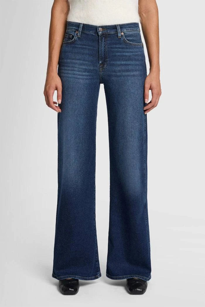 Close-up of the front view of 7 For All Mankind Lotta High-Waist Flare Jeans in Dark Blue.