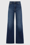 7 For All Mankind Lotta High-Waist Flare Jeans in Dark Blue lying flat, showcasing the wide-leg design.