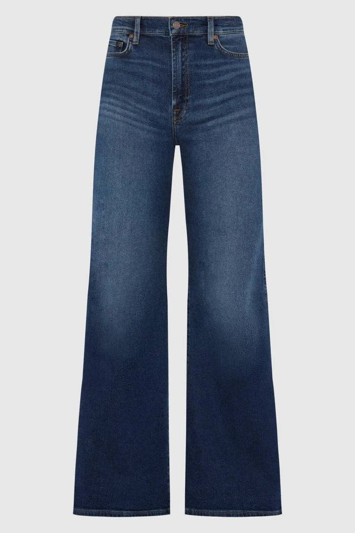 7 For All Mankind Lotta High-Waist Flare Jeans in Dark Blue lying flat, showcasing the wide-leg design.