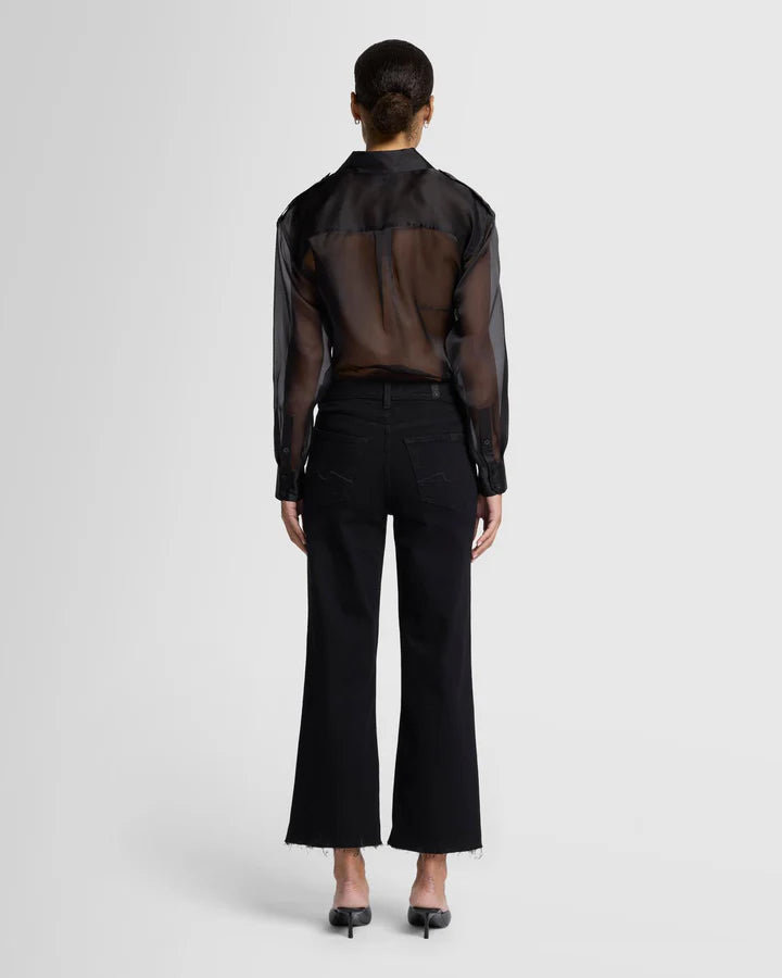 back view of black cropped straight-leg jeans with raw hem, 7 For All Mankind, Lemonberry Aurora
