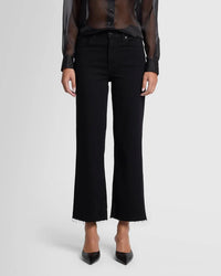 front close-up of high-rise black jeans with raw hem, 7 For All Mankind, Lemonberry Aurora