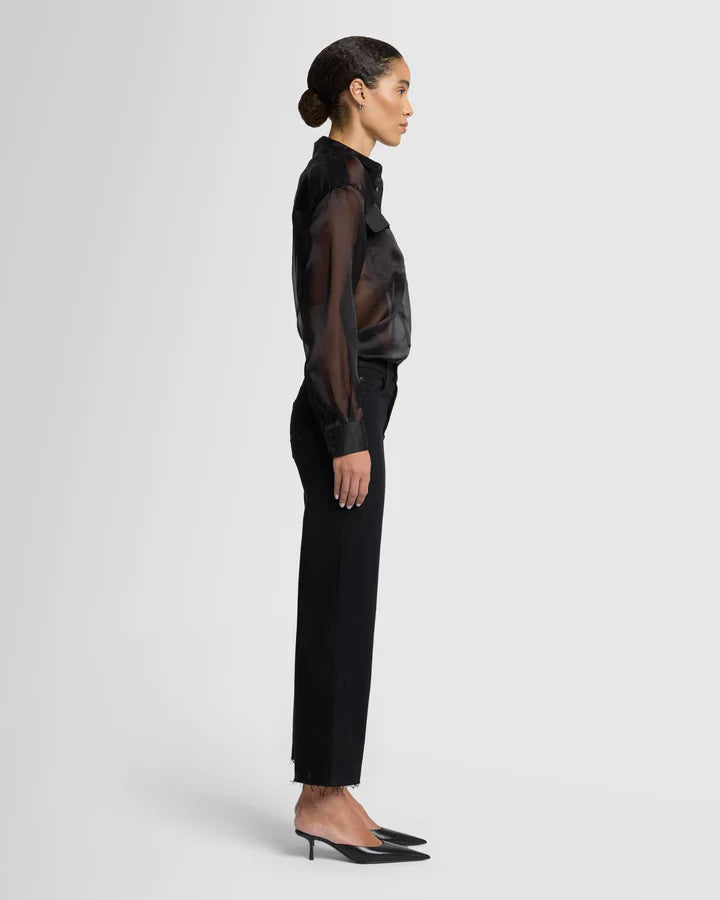 side view of cropped black jeans with raw hem, relaxed straight leg, Lemonberry Aurora