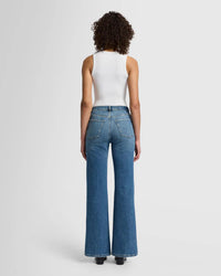 Back view of the High Rise Jo wide leg jeans in Sea Level blue from Lemonberry Aurora.