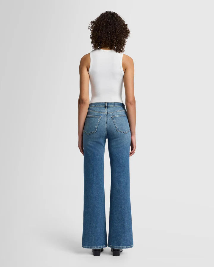 Back view of the High Rise Jo wide leg jeans in Sea Level blue from Lemonberry Aurora.