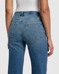 Close-up of pocket and stitching on the High Rise Jo jeans in Sea Level blue.