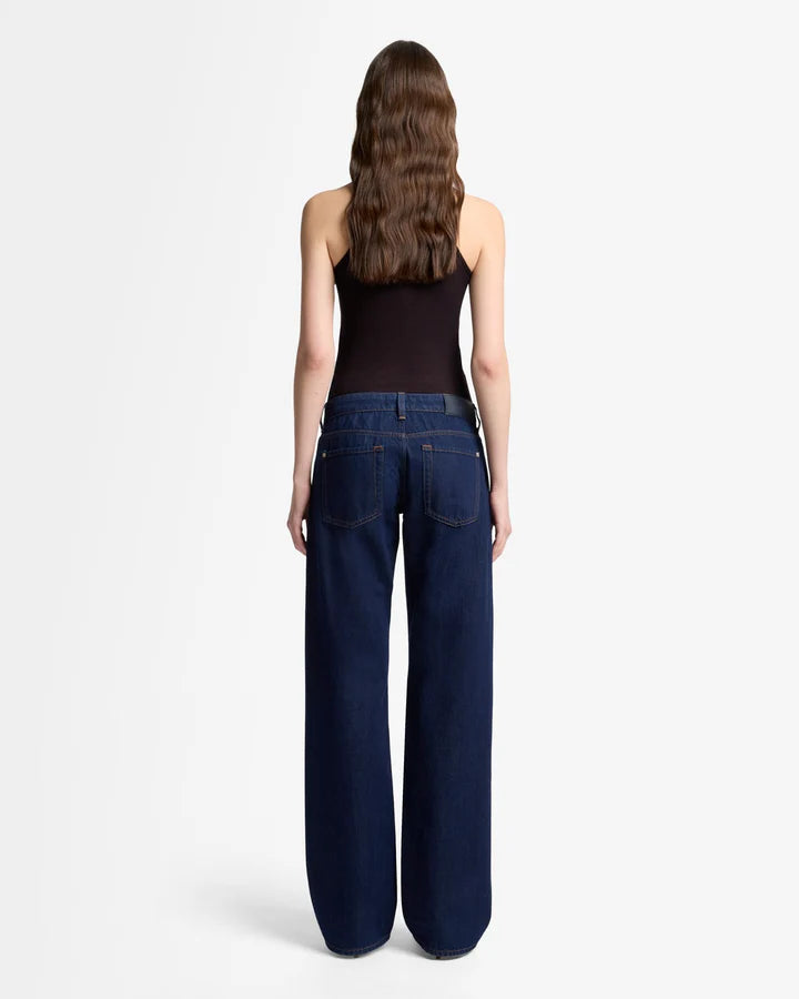 back view of dark wash straight leg jeans with clean pockets, 7 For All Mankind