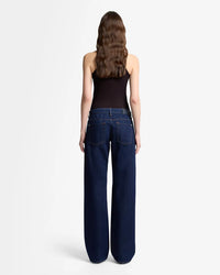 back view of dark wash straight leg jeans with clean pockets, 7 For All Mankind
