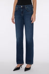 7 For All Mankind Calie Straight jeans in dark blue wash, front view, model wearing black heels – available at Lemonberry in Aurora and online in Quebec
